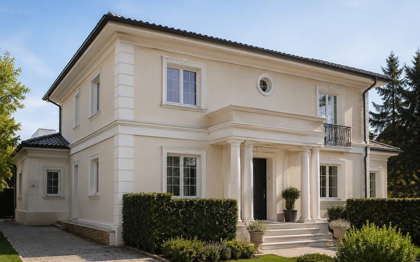 Vivienda unifamiliar de estilo clásico con fachada en tono crema, molduras y cornisas, recercados de ventana, esquinas decorativas y porche con columnas.