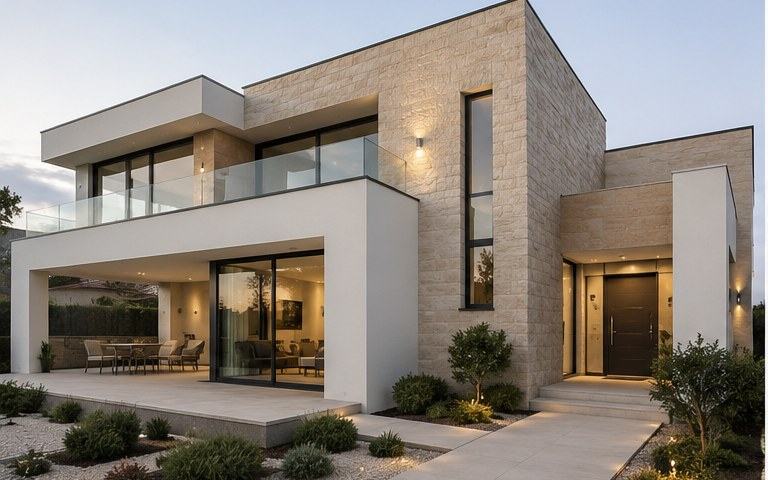 Vivienda unifamiliar moderna al atardecer con volúmenes de acabado continuo blanco combinados con paños de aplacado de piedra, porche integrado y acceso iluminado.