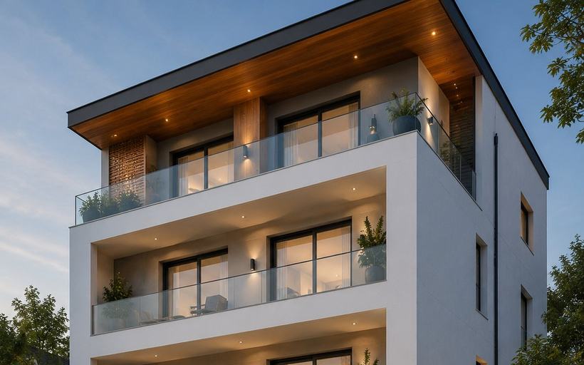 Edificio de viviendas de tres alturas al atardecer, con acabado continuo blanco, terrazas voladas con barandilla de vidrio, alero de madera iluminado y zócalo de planta baja aplacado.