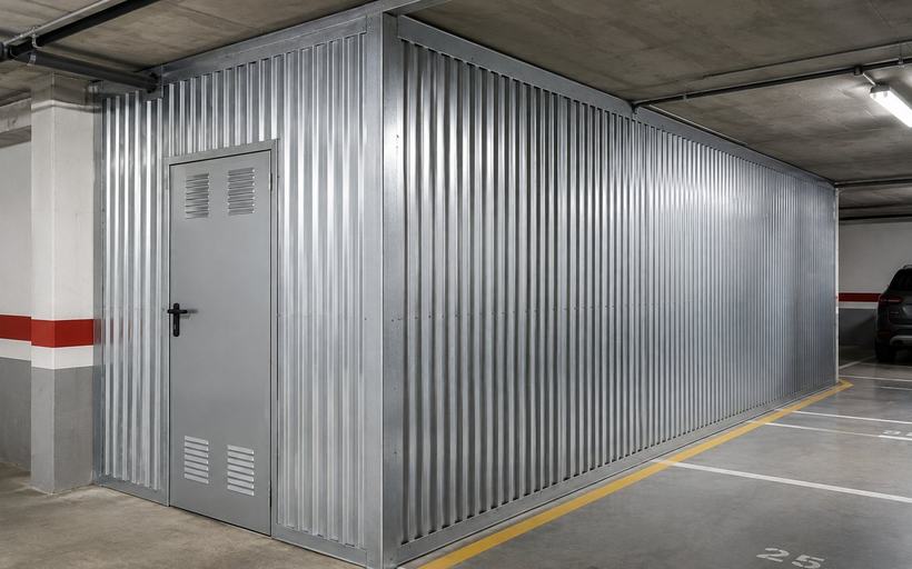 Cuarto técnico en planta de garaje cerrado con chapa minionda galvanizada de perfil vertical, con puerta metálica de rejillas de ventilación y remates de esquina.
