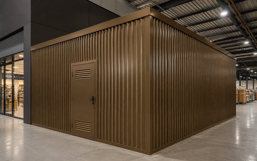 Recinto técnico en el interior de un local comercial cerrado con chapa minionda lacada en tono bronce, con puerta ventilada enrasada y coronación perimetral.