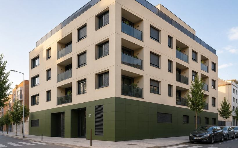 Edificio de viviendas en esquina con plantas superiores de acabado continuo en tono crema y planta baja revestida con panel de gran formato en verde oliva.