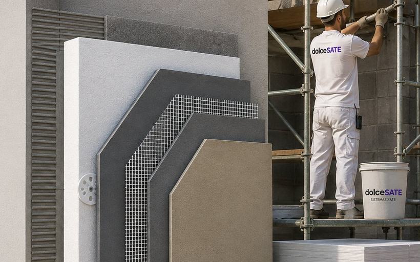 Equipo de dolceSATE instalando un sistema SATE desde andamio: sección con adhesivo peinado, panel aislante, taco de fijación mecánica, malla embebida en capa base y acabado, junto a palé de material y cubo de adhesivo.
