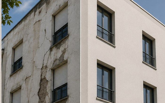 Comparativa antes y después de una rehabilitación de fachada: paño con fisuras, desprendimientos y suciedad frente al mismo edificio reparado y con acabado nuevo.