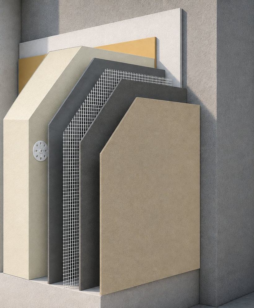 Sección constructiva de un sistema SATE con panel de espuma fenólica o PIR: soporte, adhesivo, panel aislante de mínimo espesor, taco de fijación mecánica, capa base armada con malla y acabado decorativo.