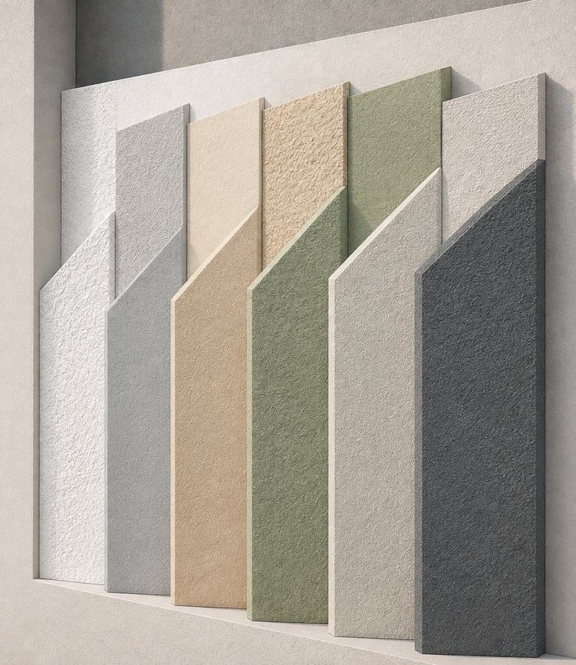 Muestrario de acabados decorativos continuos para sistemas SATE en distintos colores y granulometrías: texturas rugosas, raspadas y finas en blanco, gris, arena, verde y grafito.