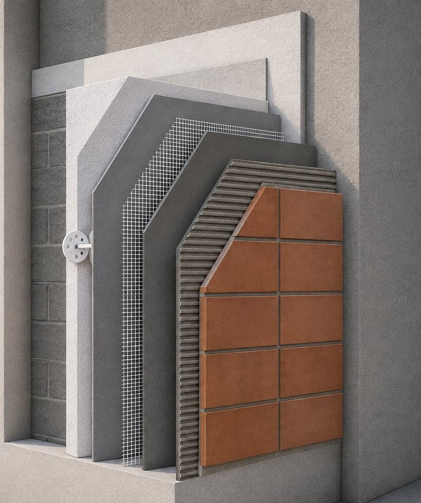 Sección constructiva de un sistema SATE con acabado cerámico: soporte de fábrica, panel aislante, taco de fijación mecánica, capa base armada con malla, adhesivo peinado y piezas de klinker o gres porcelánico.